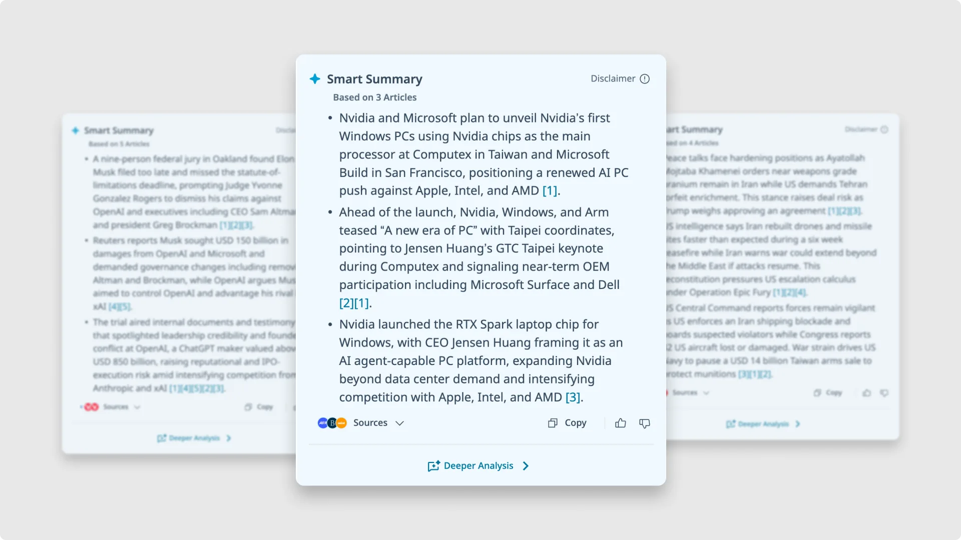 Three Smart Summary cards showing bulleted AI-generated news summaries with numbered source citations