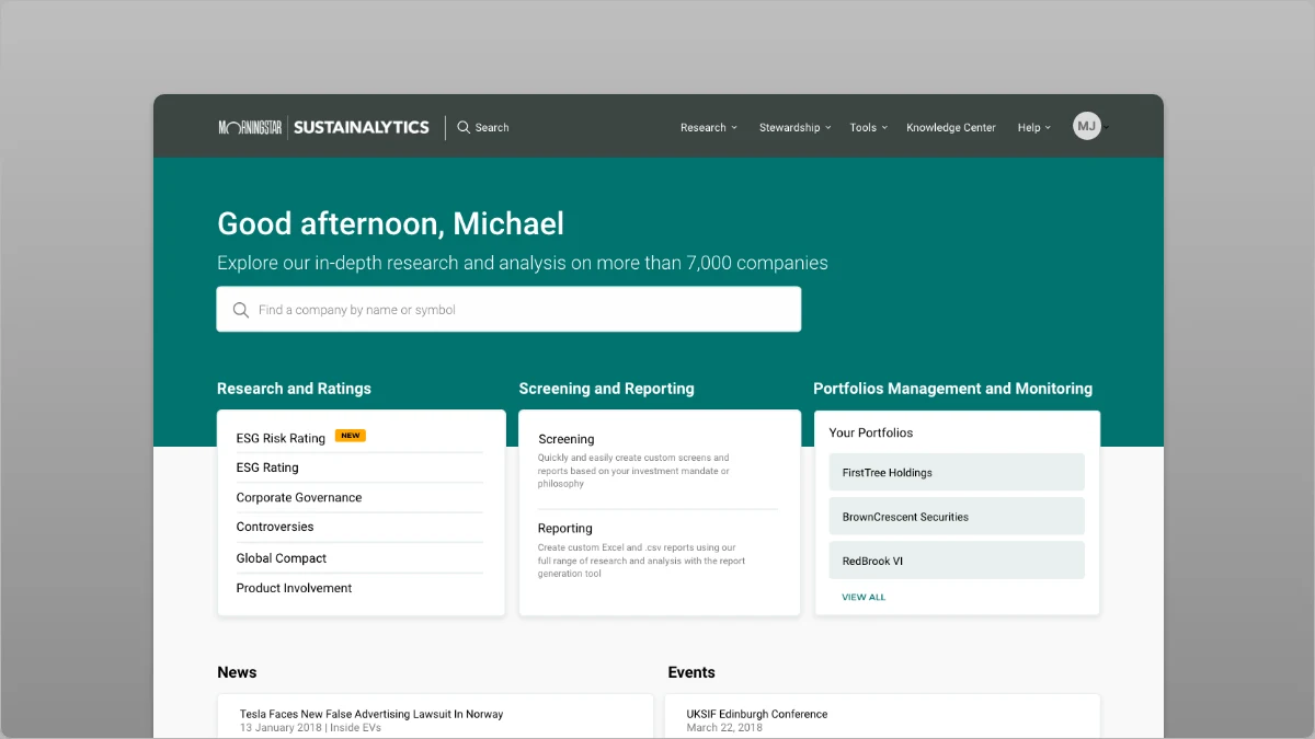 The redesigned Global Access home: a greeting, a company search bar, three columns of research products grouped as Research and Ratings, Screening and Reporting, and Portfolio Management and Monitoring, with news and events below