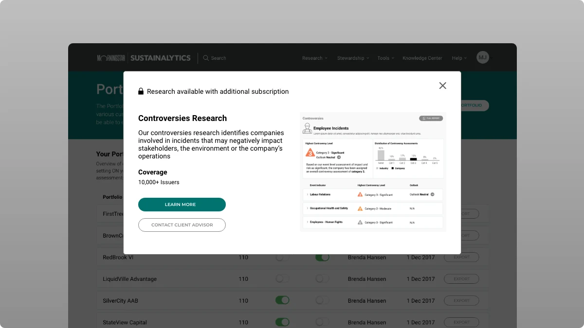 A modal over the portfolios page titled Research available with additional subscription, describing Controversies Research with its coverage and a preview, with Learn more and Contact client advisor buttons
