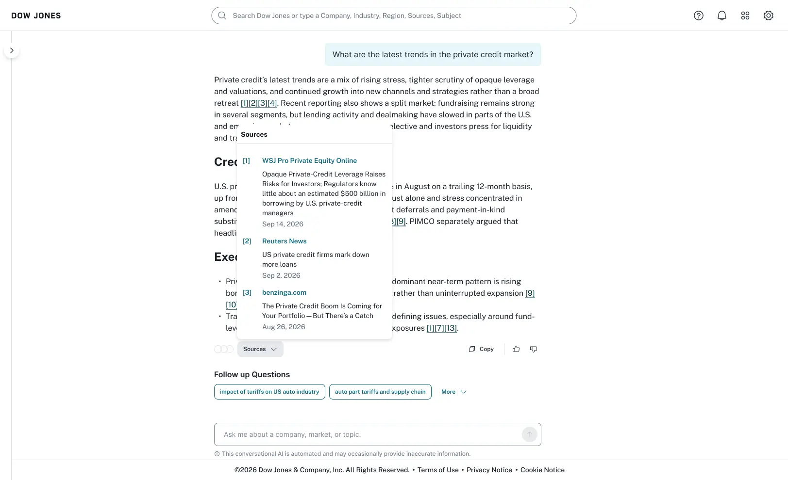 The AI Assistant answering a question about private credit trends, with a Sources panel open listing WSJ Pro, Reuters and Benzinga articles by date, follow-up questions below, and an input box whose placeholder reads Ask me about a company, market, or topic