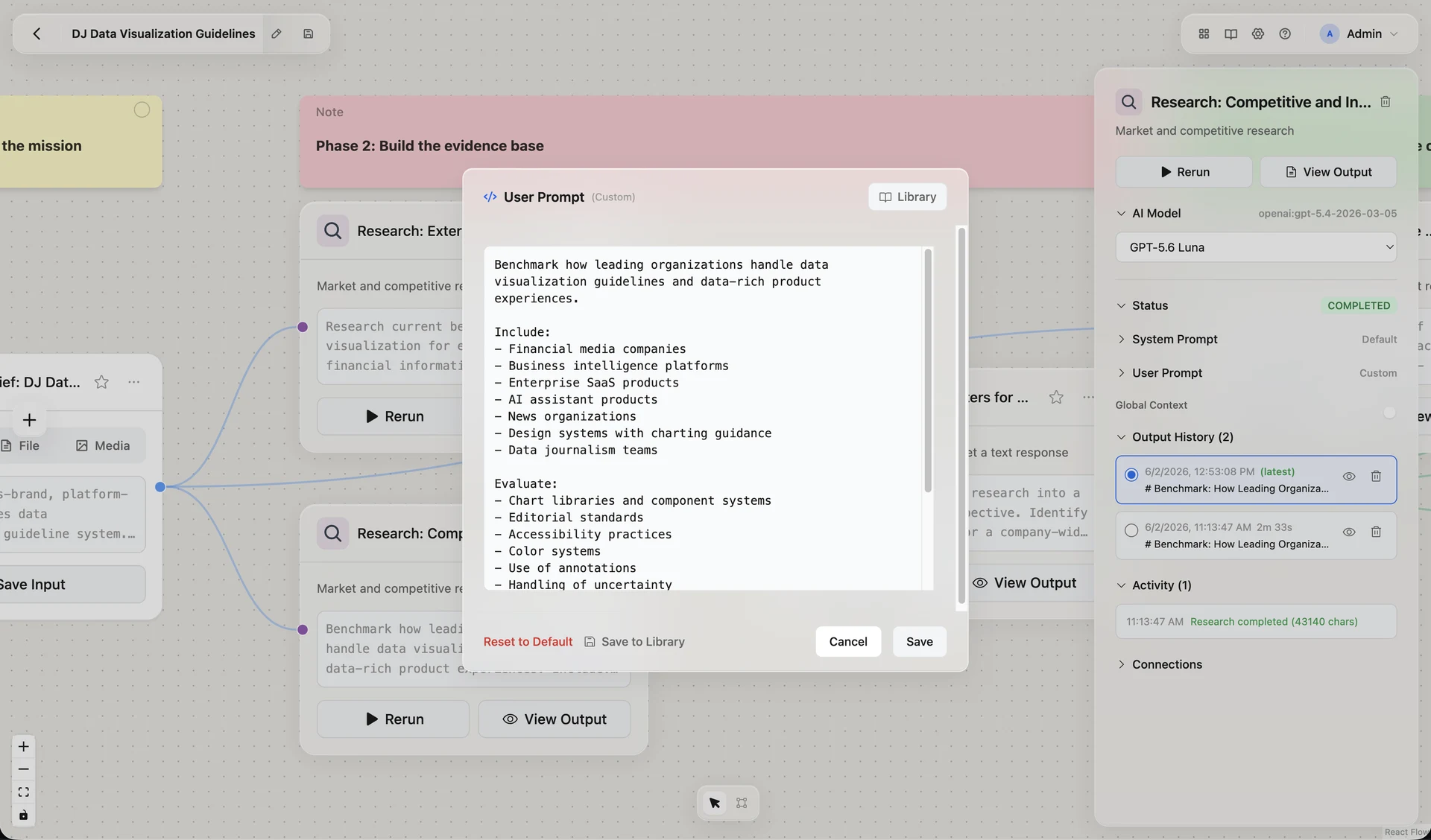 A Research node opened in Nerva: the user prompt editor with a benchmark brief, and the inspector showing the AI model, a completed status, the system prompt, and an output history with two runs