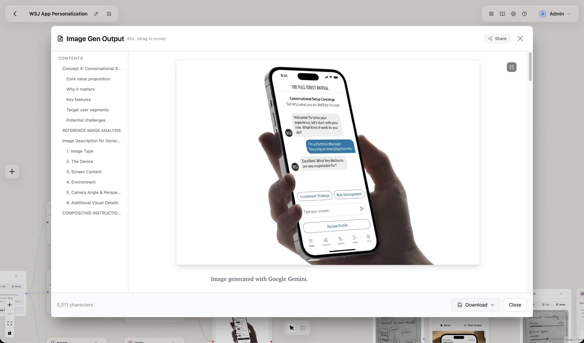 An Image Gen Output panel in Nerva showing a generated photo of a hand holding a phone with a WSJ conversational onboarding chat, beside a contents outline of the concept, the image description, and compositing instructions