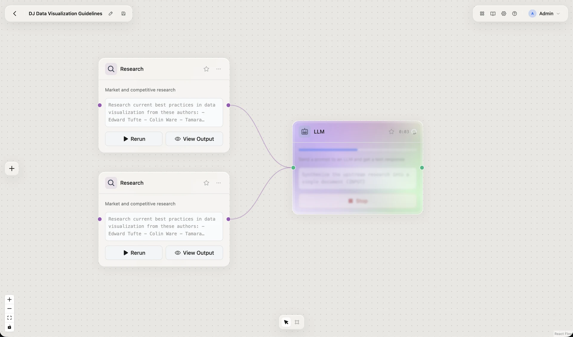 Two Research nodes connected to an LLM node that is running, three seconds in, with a progress bar and a Stop button