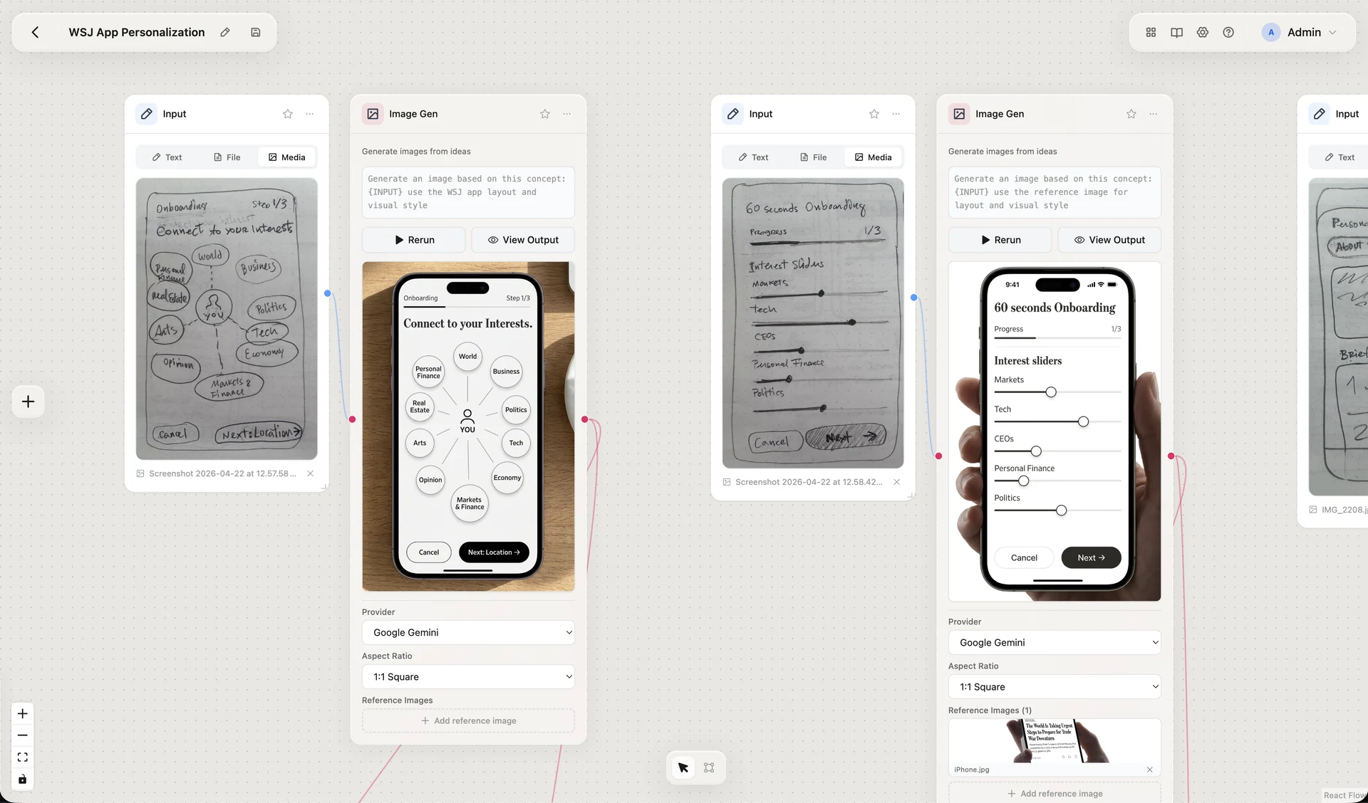 Nerva canvas titled WSJ App Personalization: hand-drawn onboarding sketches loaded as Input nodes, each connected to an Image Gen node that has rendered the sketch as a finished WSJ app screen on a phone