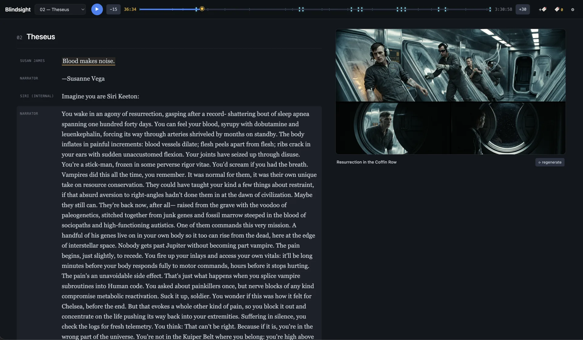 The opening of chapter two, Theseus, with the epigraph, speaker labels, and a generated illustration titled Resurrection in the Coffin Row showing crew members waking in a ship corridor