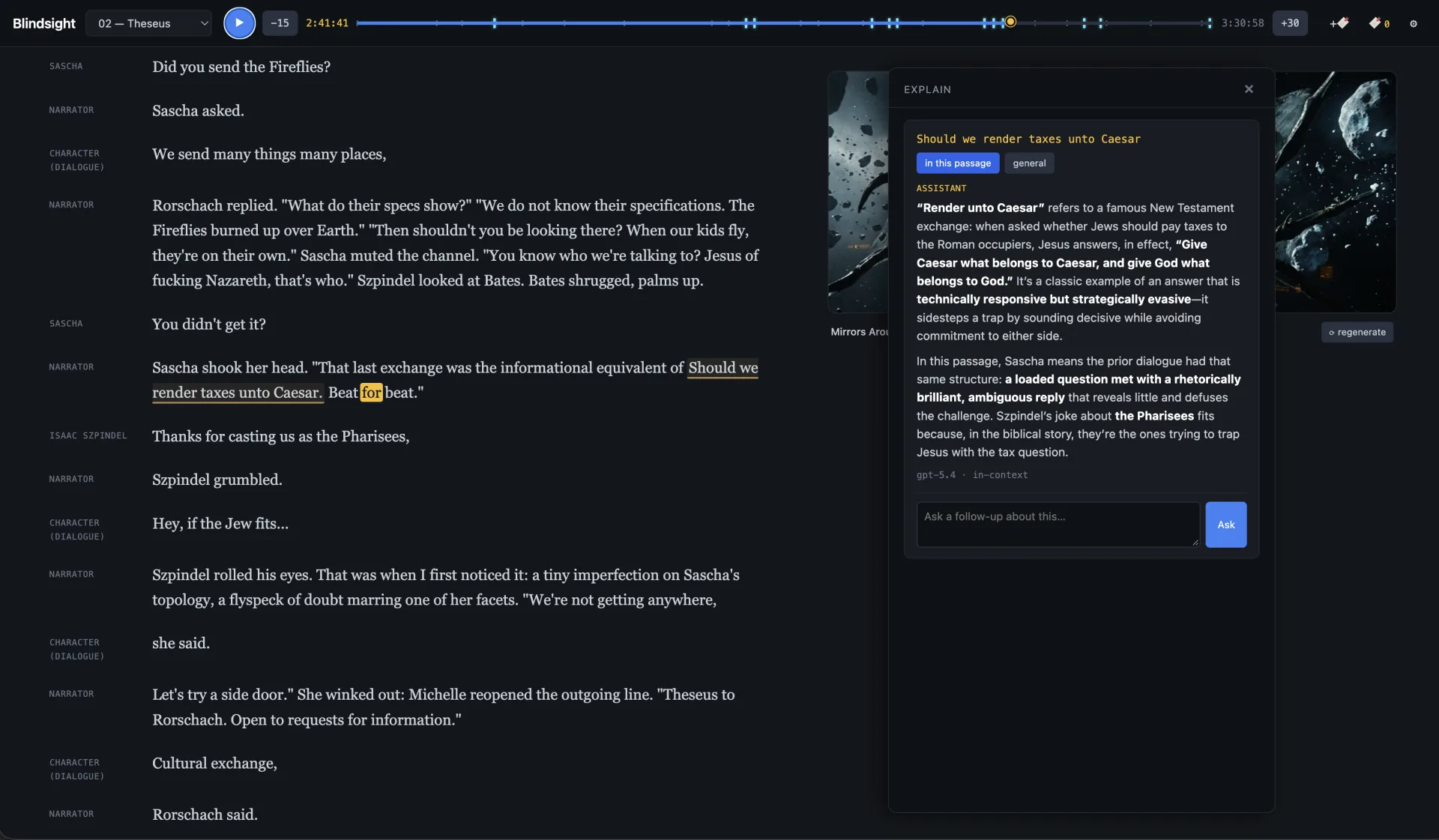 The Explain panel open over the reader: the selected phrase at the top, toggles for in this passage and general, a short explanation that ties the phrase to the scene, and a follow-up question box