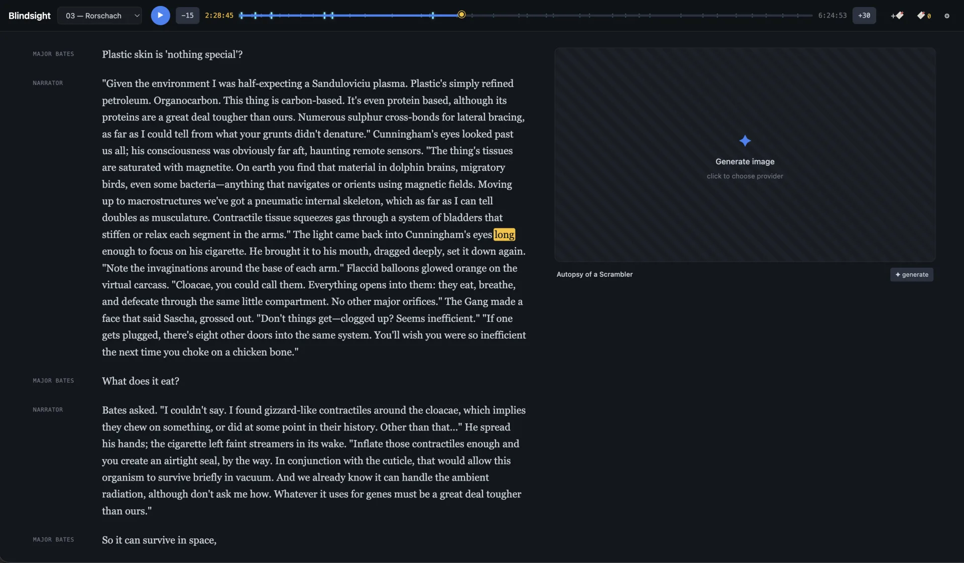 A scene titled Autopsy of a Scrambler whose image has not been generated yet: the right column shows a striped placeholder with a Generate image button and the note click to choose provider