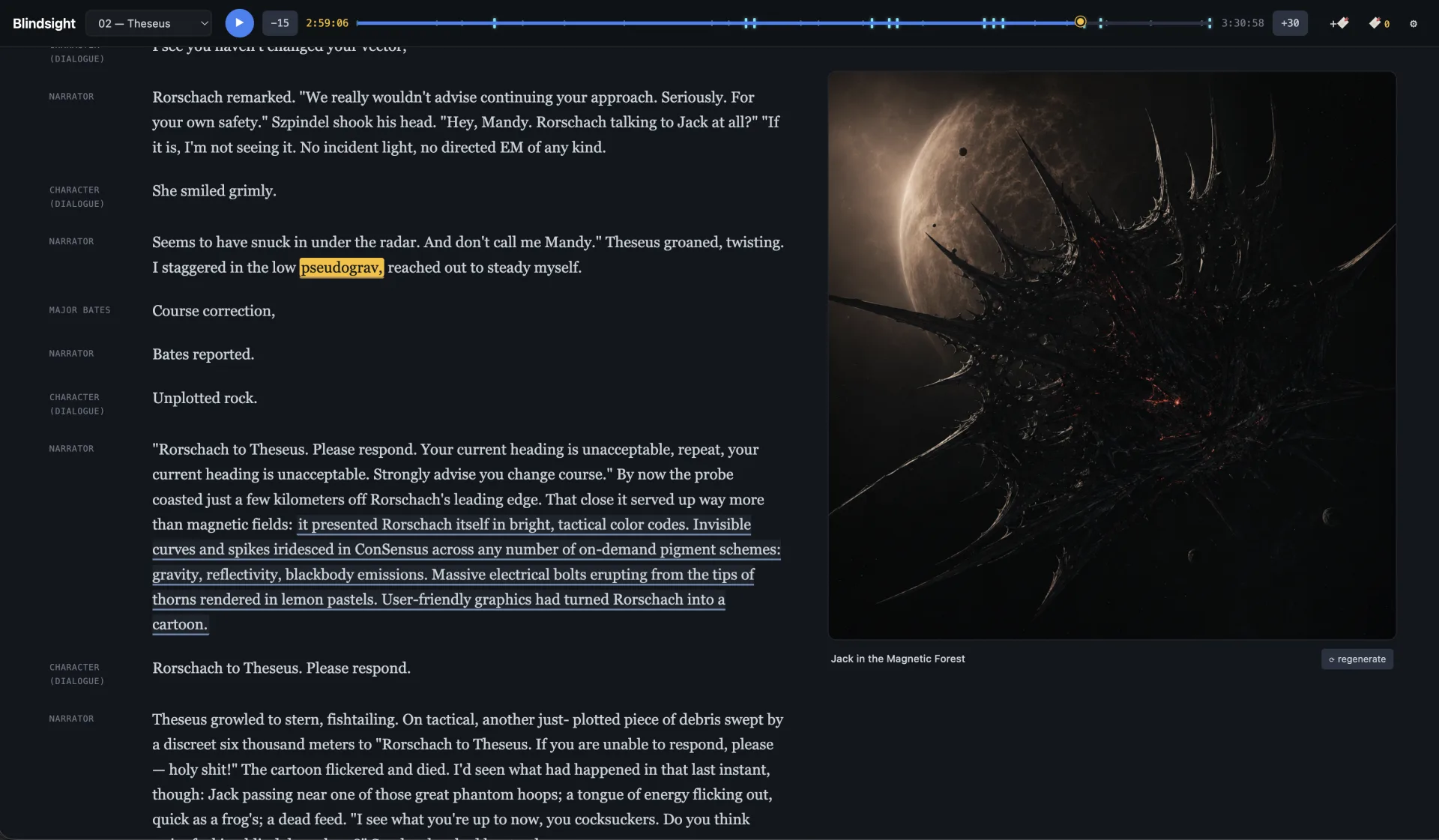 The Spine reader mid-playback: a chapter timeline at the top, speaker labels in the left margin, the word being spoken highlighted in yellow, a passage underlined in blue from an earlier image request, and an AI illustration titled Jack in the Magnetic Forest in the right column