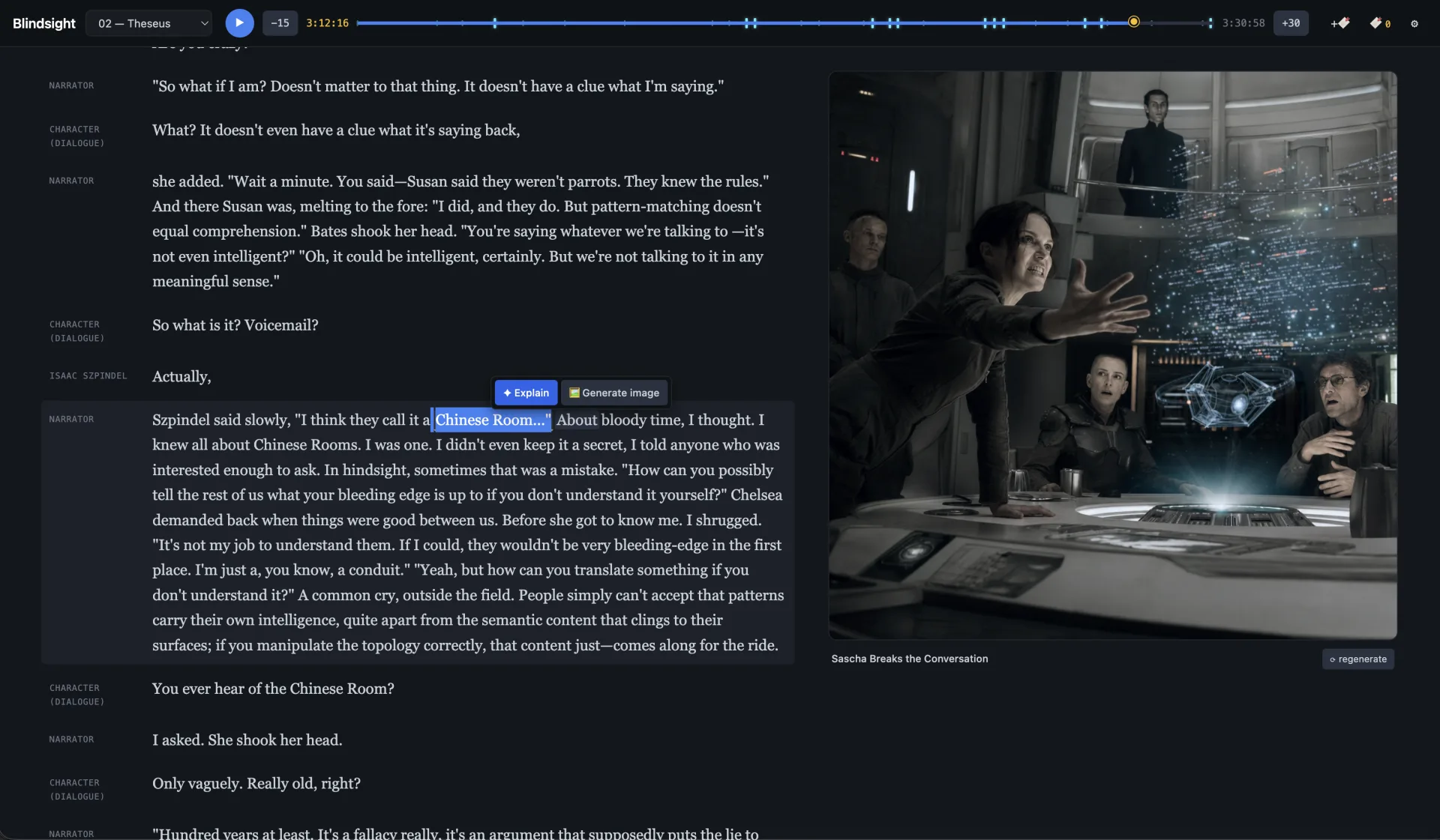 A phrase selected in the prose with a small floating menu offering two actions, Explain and Generate image, beside a generated illustration titled Sascha Breaks the Conversation