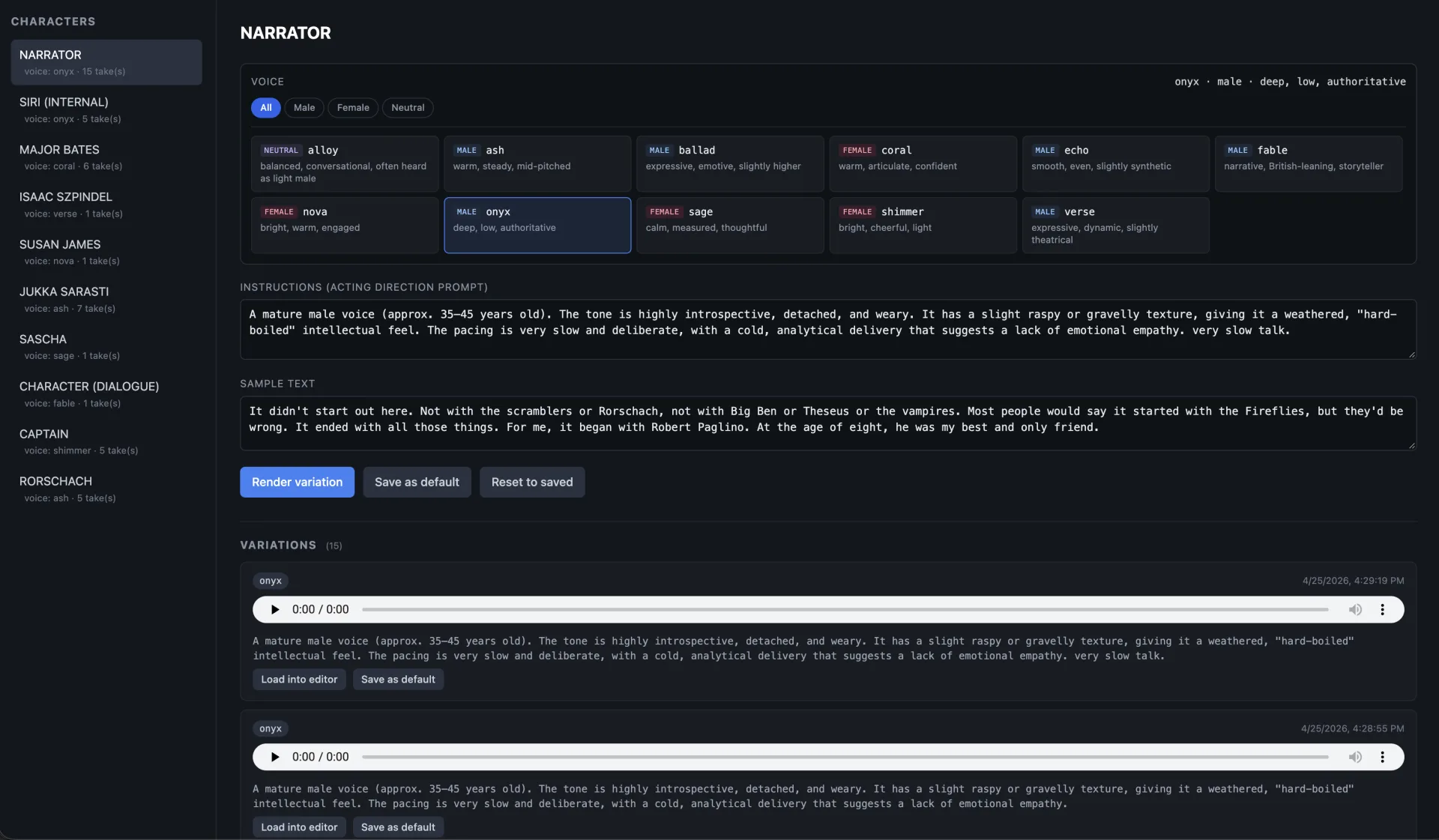 The audition screen for the Narrator: a character list on the left, a grid of twelve voices with short descriptions, a long acting-direction prompt, a sample paragraph, and a list of rendered takes with play controls
