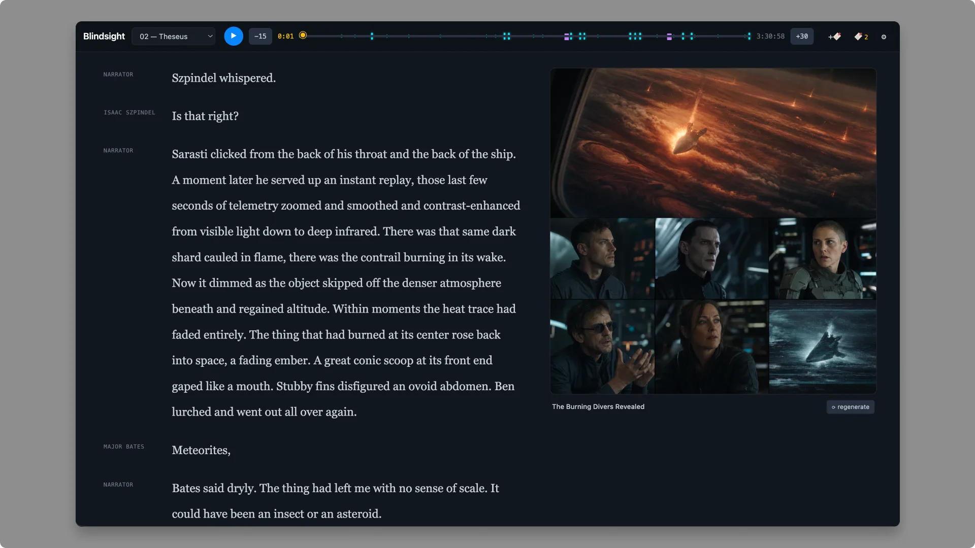 Spine reading a sci-fi novel: script-style transcript with per-character speaker labels, an audio timeline, and AI-generated scene images