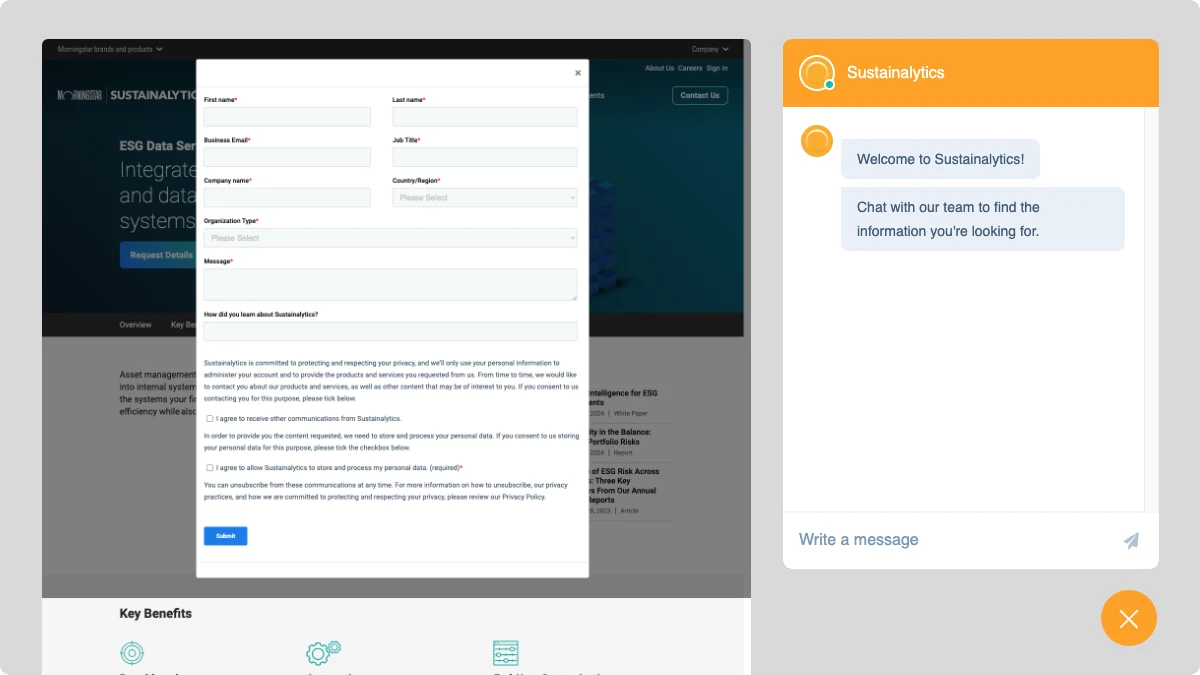 A contact form overlaid on a product page beside a Sustainalytics chat widget with a welcome message and a message field