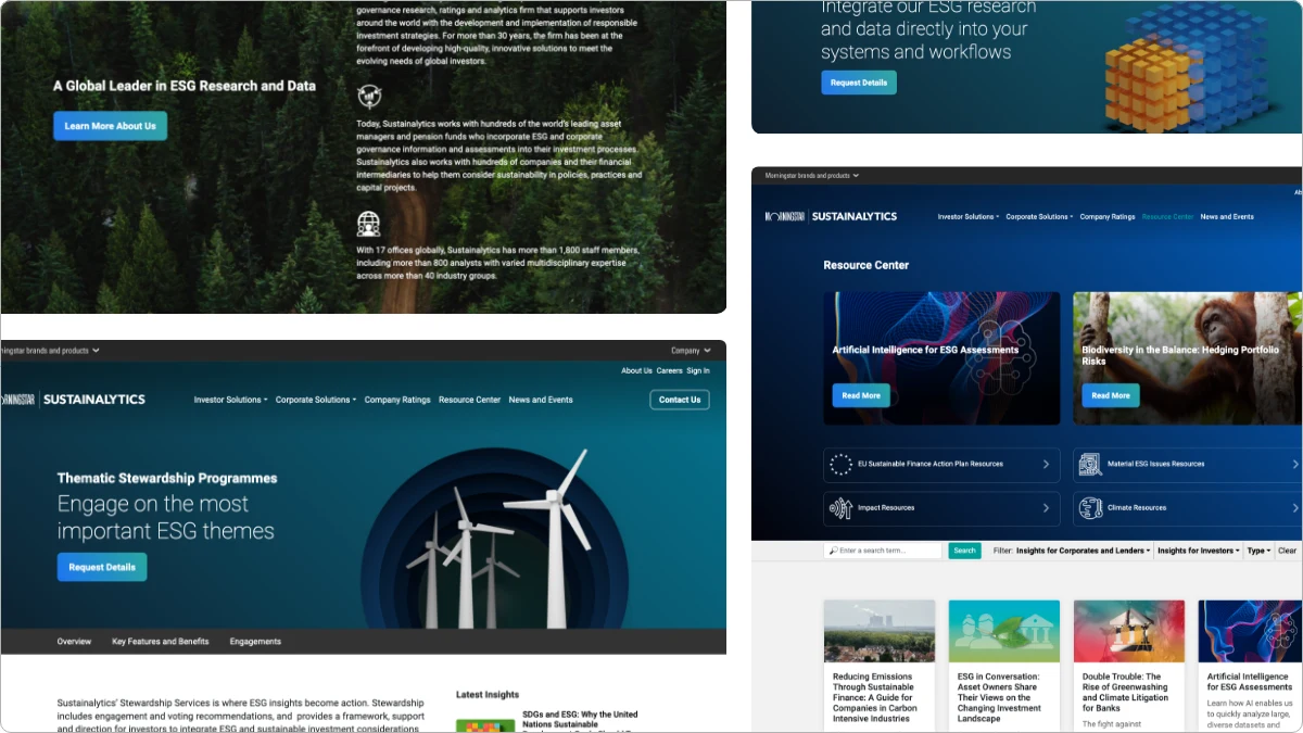 A board of finished Sustainalytics pages built on the shared templates: a company hero with a forest photograph, a product page with a data cube illustration, the Resource Center, a Thematic Stewardship page with wind turbines, and rows of insight cards